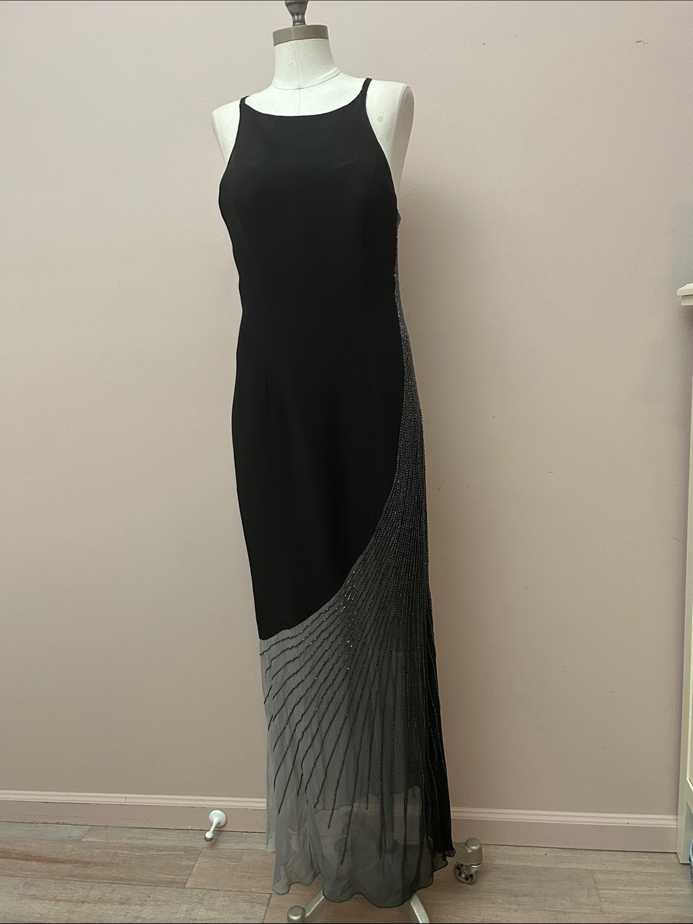 VTG Anne French Black dress with Gray Beaded Chiffon Halter-Style Evening Gown